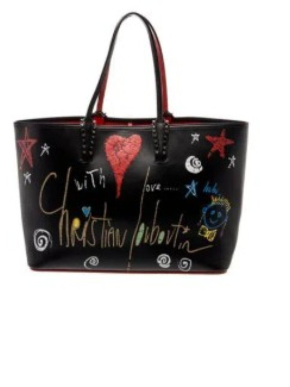 Christian Louboutin Tote Black Leather Graphic Print Silver-Tone Hardware Leathe